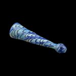 Blue and white swirled glass chillum pipe on a black background.