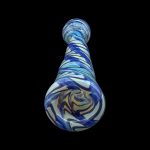 Blue and white swirled glass pipe against a black background.