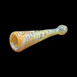 Hand-blown glass pipe with swirling orange and cream patterns.