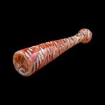 Hand-blown glass pipe with red and white swirl pattern.