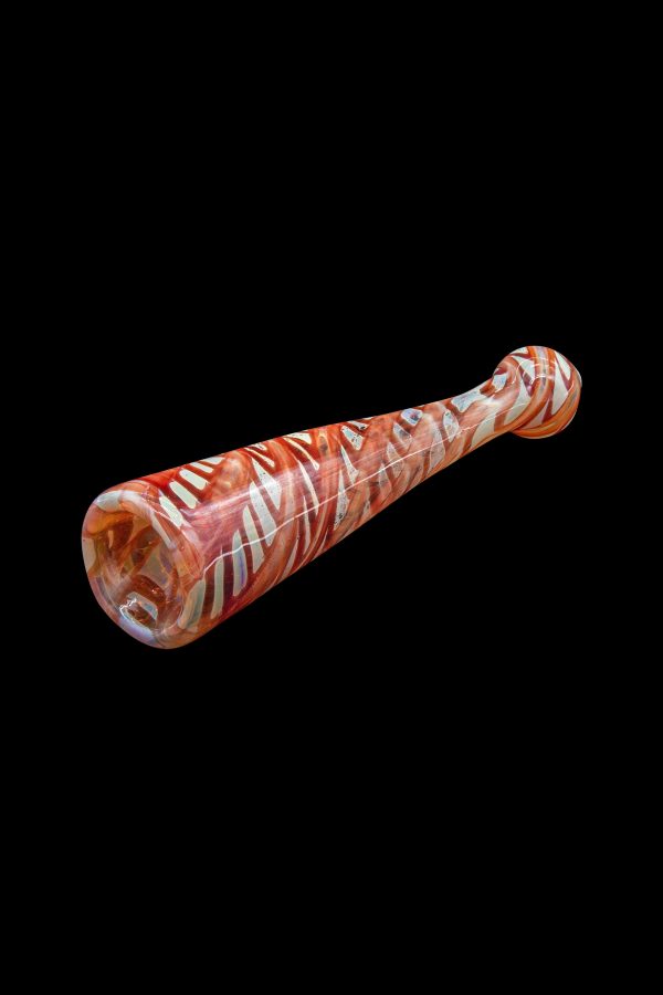 Hand-blown glass pipe with red and white swirl pattern.