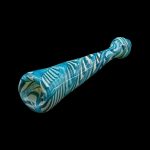 Blue and white glass cannabis pipe against a black background.