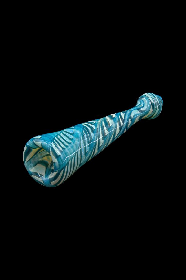 Blue and white glass cannabis pipe against a black background.