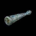 Handblown glass pipe with blue and white swirls against a black background.