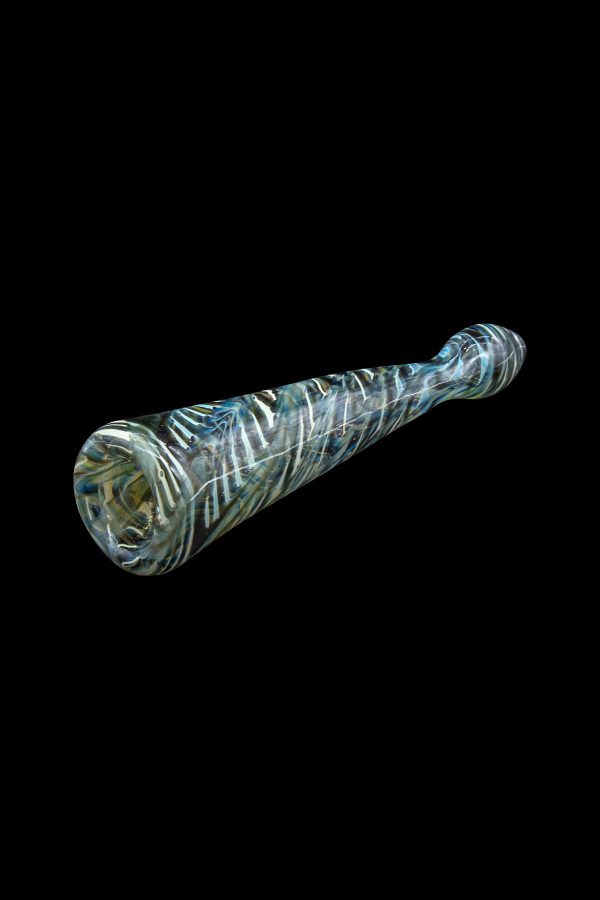 Handblown glass pipe with blue and white swirls against a black background.