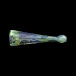 Hand-blown glass cannabis pipe with swirling green and yellow patterns, isolated on a black background.
