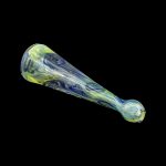 Hand-blown glass pipe with swirling green and yellow patterns.