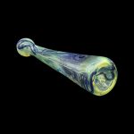 Hand-blown glass pipe with swirling green and purple hues.