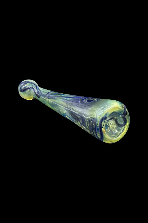 Hand-blown glass pipe with swirling green and purple hues.