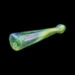 Green and iridescent glass oil burner pipe on a black background.