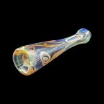 Handblown glass cannabis pipe with swirling orange and blue patterns.