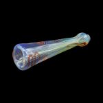 Hand-blown glass pipe with swirling blue, red, and gold patterns, isolated on a black background.