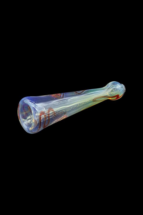Hand-blown glass pipe with swirling blue, red, and gold patterns, isolated on a black background.