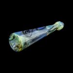 Hand-blown glass cannabis oil burner pipe with swirling blue and green patterns.