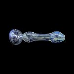 Glass pipe with iridescent blue and silver swirls against a black background.