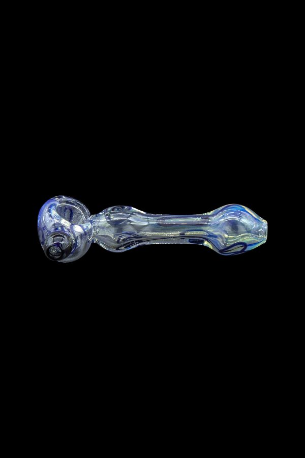 Glass pipe with iridescent blue and silver swirls against a black background.