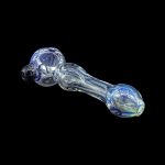 Glass cannabis pipe with blue and iridescent swirls against a black background.