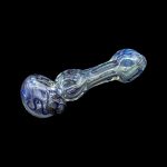 Glass pipe with swirling blue and iridescent patterns, isolated on a black background.
