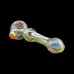 Iridescent glass pipe with orange and gold accents against a black background.