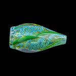 Green glass cannabis pipe with swirling blue and white patterns.