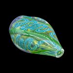 Green and blue glass cannabis water pipe with intricate swirling patterns.
