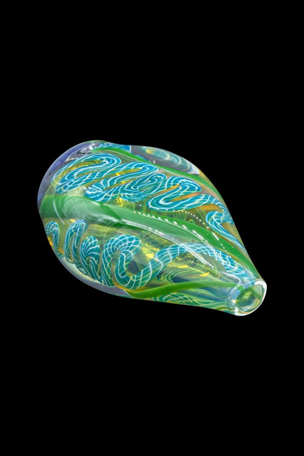 Green and blue glass cannabis water pipe with intricate swirling patterns.
