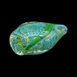 Hand-blown glass cannabis pipe with intricate green and gold swirling patterns.