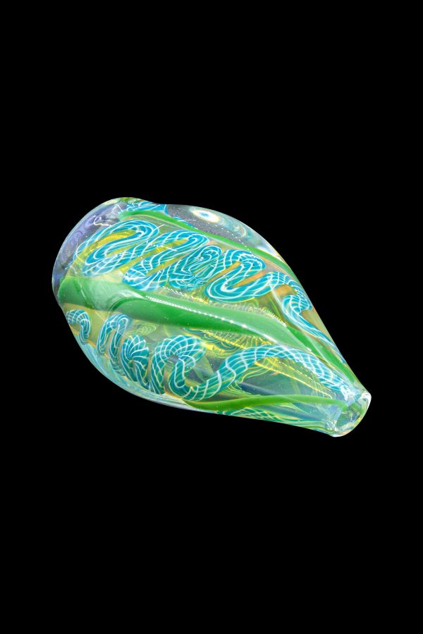 Green and blue glass cannabis water pipe with intricate swirling patterns.