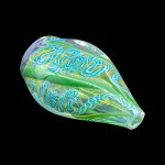 Green and blue glass cannabis water pipe with intricate swirling patterns.