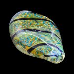Hand-blown glass cannabis pipe with swirling green, blue, and black patterns.