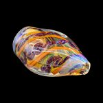 Hand-blown glass cannabis pipe with vibrant orange, blue, and purple swirls.