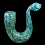 Hand-blown glass cannabis pipe with swirling blue and green patterns.