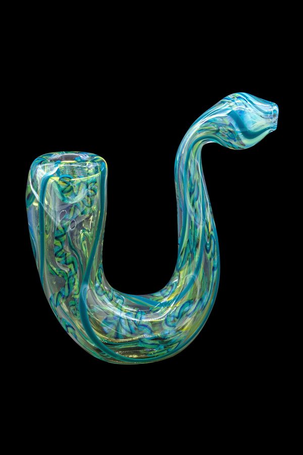 Hand-blown glass cannabis pipe with swirling blue and green patterns.