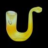 Yellow glass bubbler pipe for cannabis use.