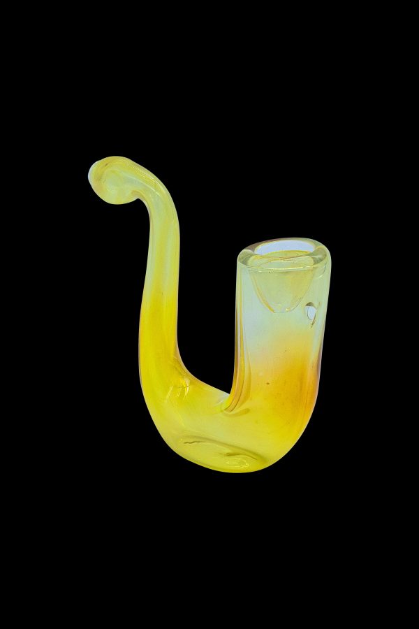 Yellow glass bubbler pipe for smoking cannabis.