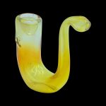 Yellow glass cannabis oil rig with a bent neck.