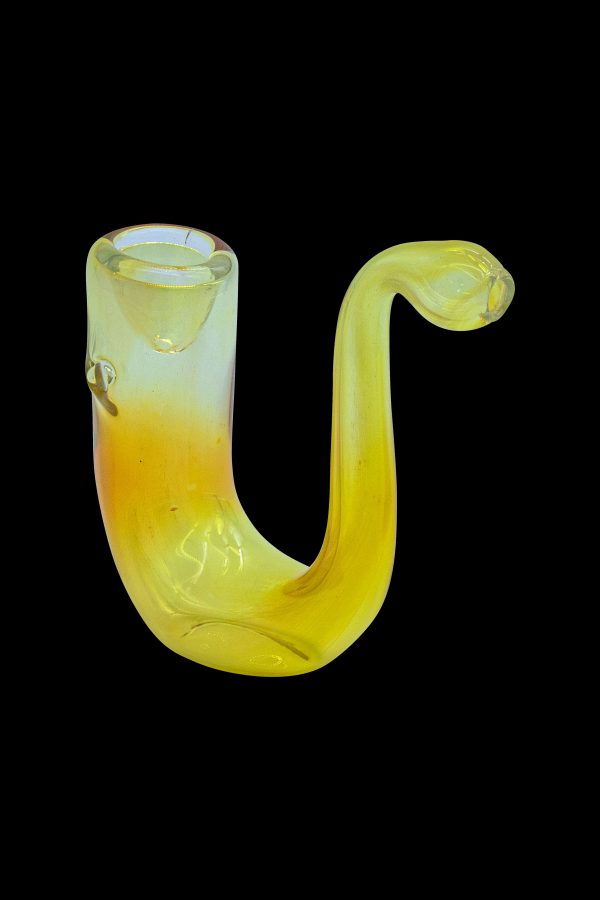 Yellow glass cannabis oil rig with a bent neck.