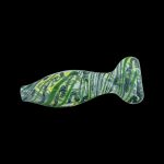 Hand-blown glass pipe with green and white swirl pattern.