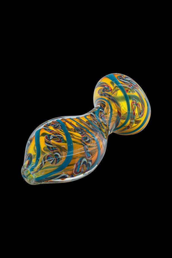Hand-blown glass cannabis pipe with orange, blue, and yellow swirl patterns.