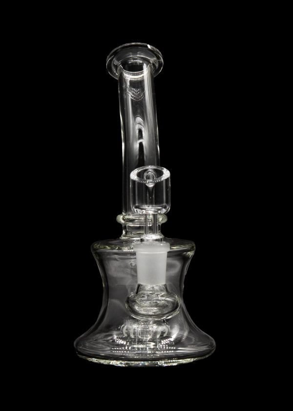 Clear glass bubbler water pipe against a black background.