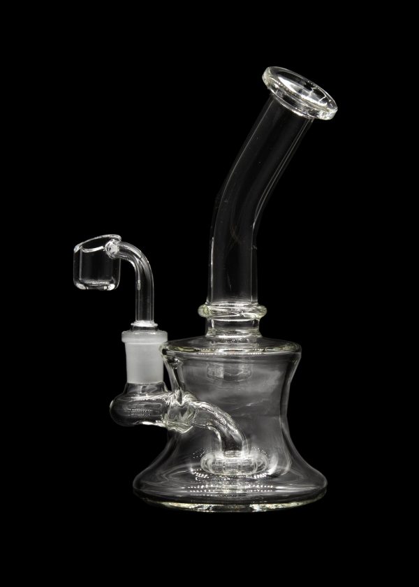 Clear glass dab rig with a quartz banger, isolated on a black background.