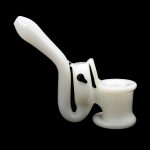 Frosted glass cannabis bubbler pipe on a black background.