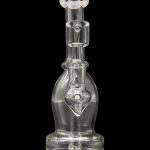 Clear glass dab rig with percolator, isolated on black.