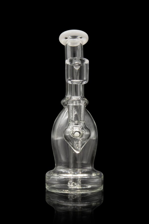 Clear glass dab rig with percolator, isolated on black.