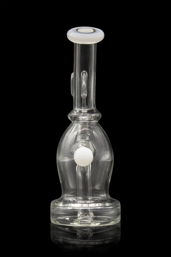 Clear glass water pipe (rig) with bubbles, isolated on black.
