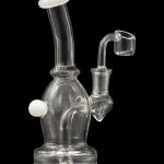 Clear glass water pipe (rig) with a quartz banger, isolated on black.