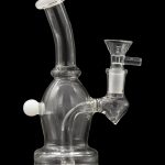 Clear glass bubbler water pipe with white accents, studio shot on a black reflective surface.