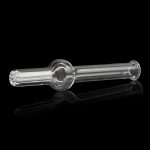 Clear glass oil burner pipe with textured mouthpiece and bowl, reflecting on a dark surface.