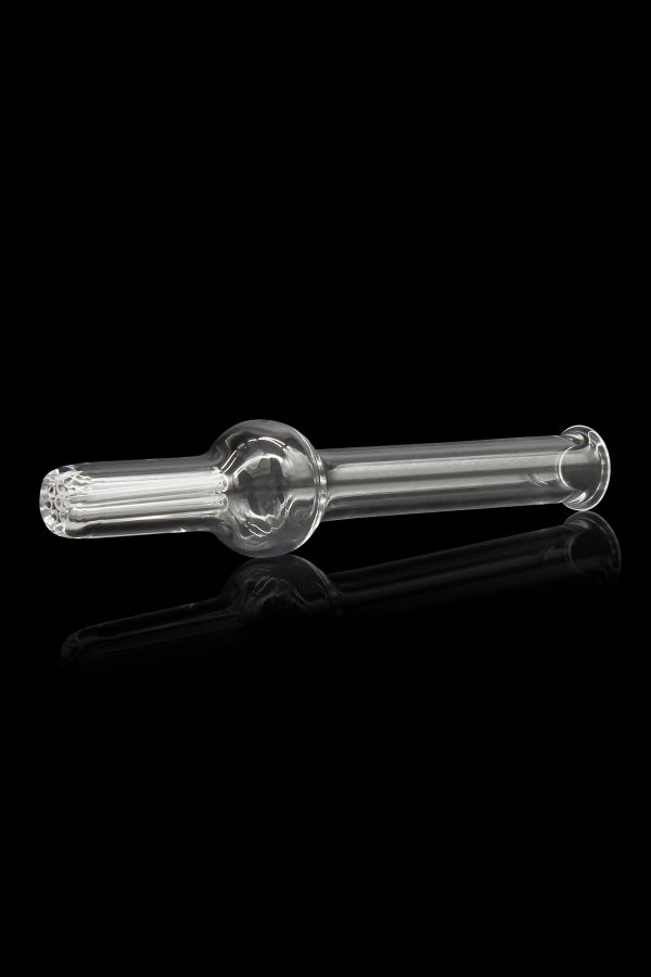 Clear glass oil burner pipe with textured mouthpiece and bowl, reflecting on a dark surface.