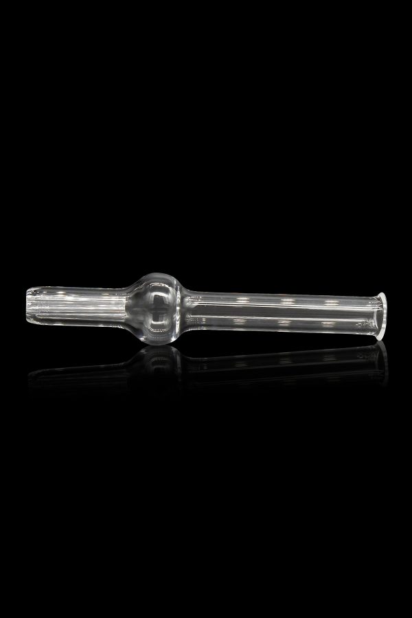 Clear glass oil burner pipe with vertical lines and a rounded mouthpiece, reflecting on a dark surface.